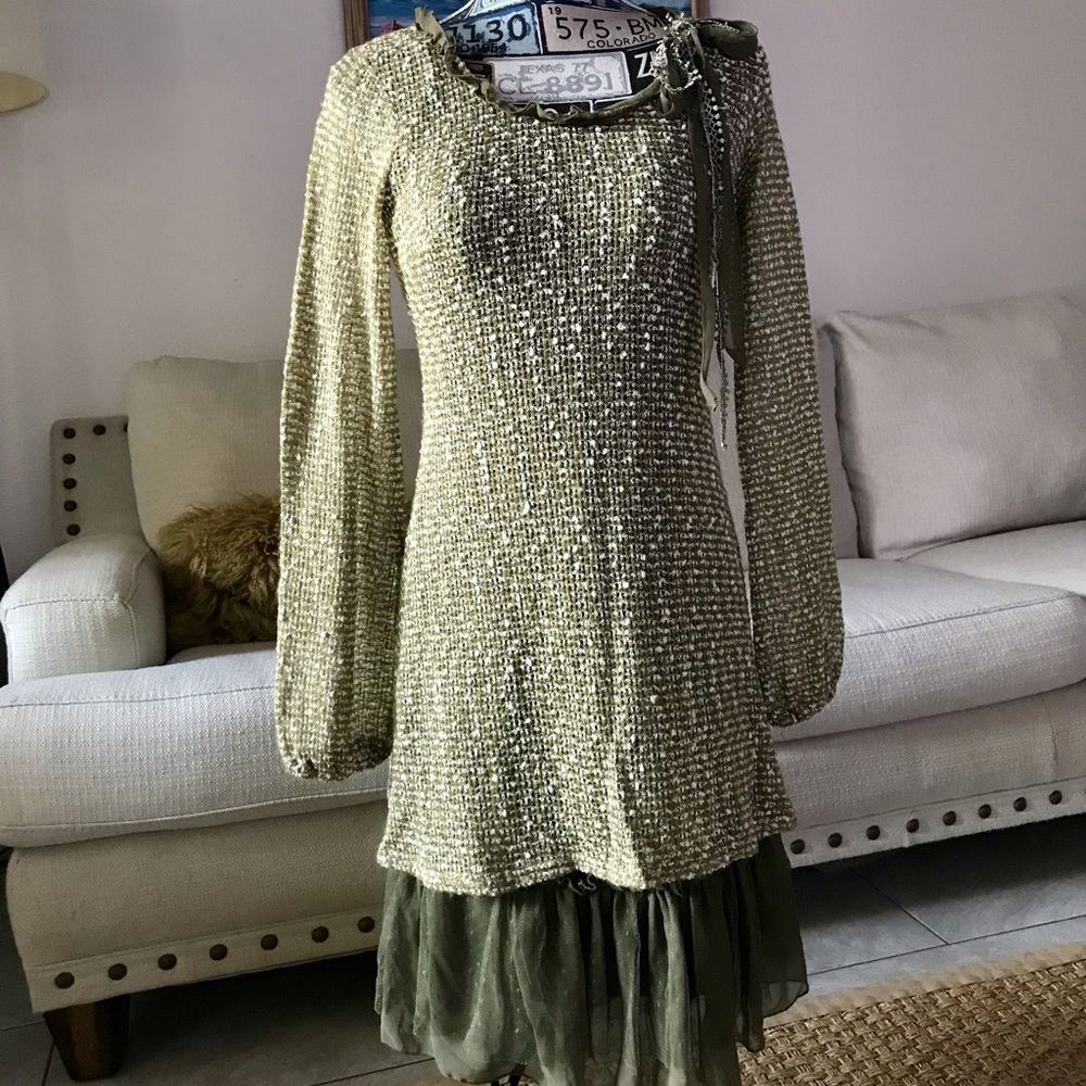 Anthropology A’reve layered olive green vintage look dress